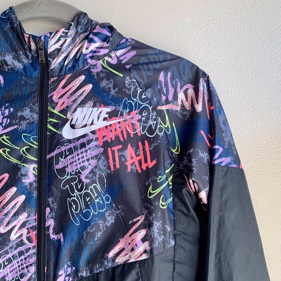 NIKE Nike Black Graffiti Lightweight Jacket with Hood SIZE M - Picture 2 of 8